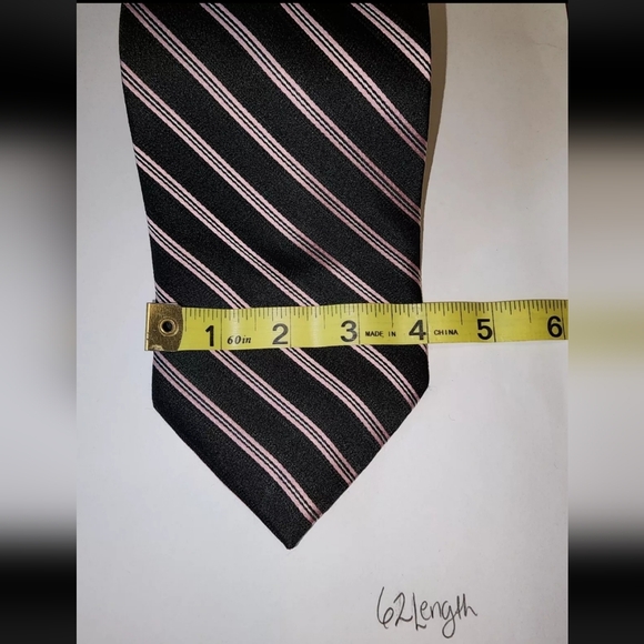 Burma Bibas striped silk tie, 62" L 4" W, Euc, black, white, pink stripes - Picture 3 of 8